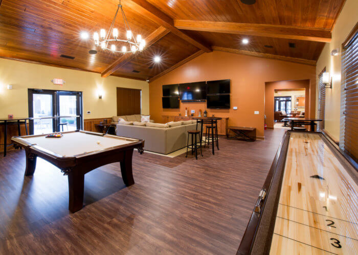 clubhouse interior with a pool table and shuffle board