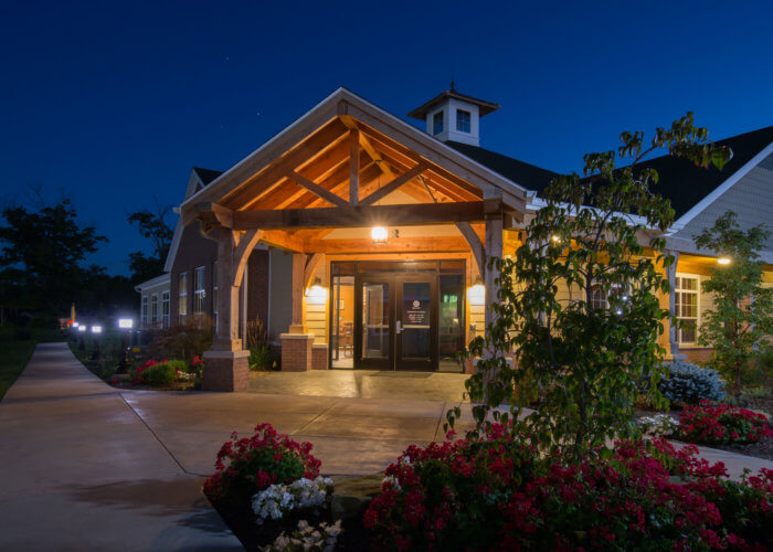 exterior clubhouse entrance at night